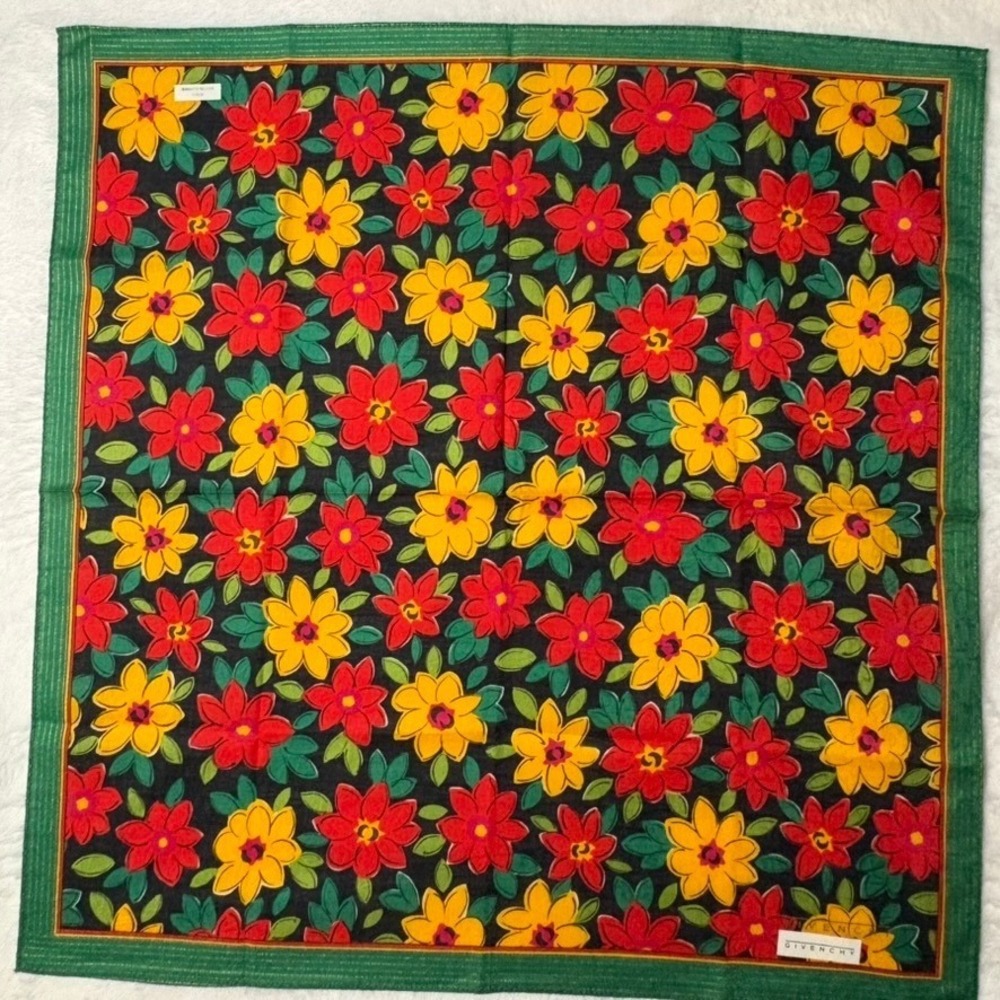 Vtg GIVENCHY Scarf Handkerchief Floral Black Green Red Yellow 18.5"